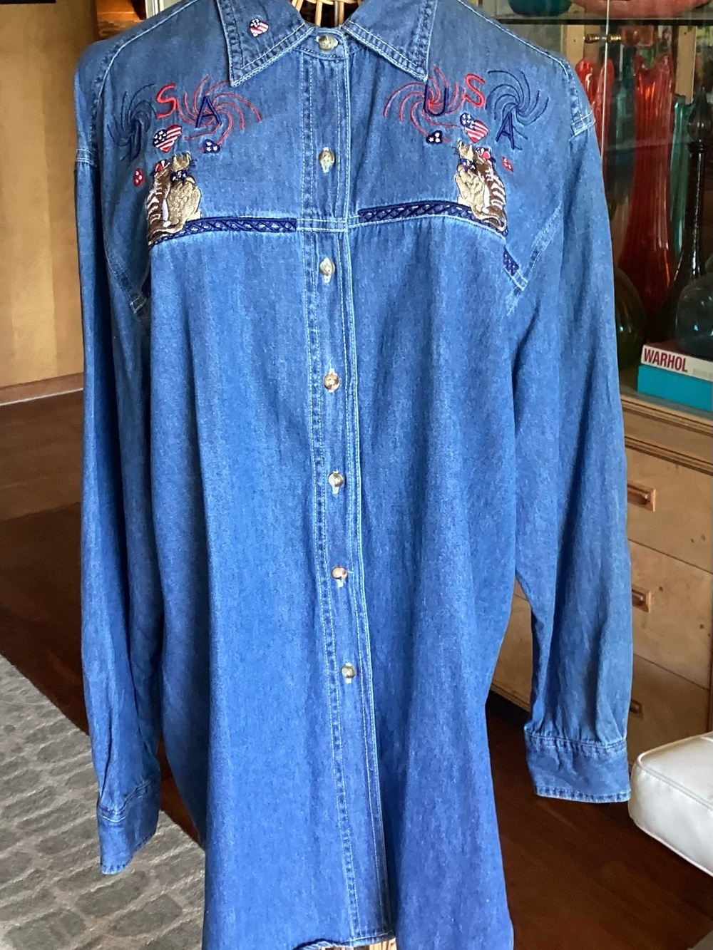 Vintage Quizz Again Patriotic Embroidered Cats Denim Tunic